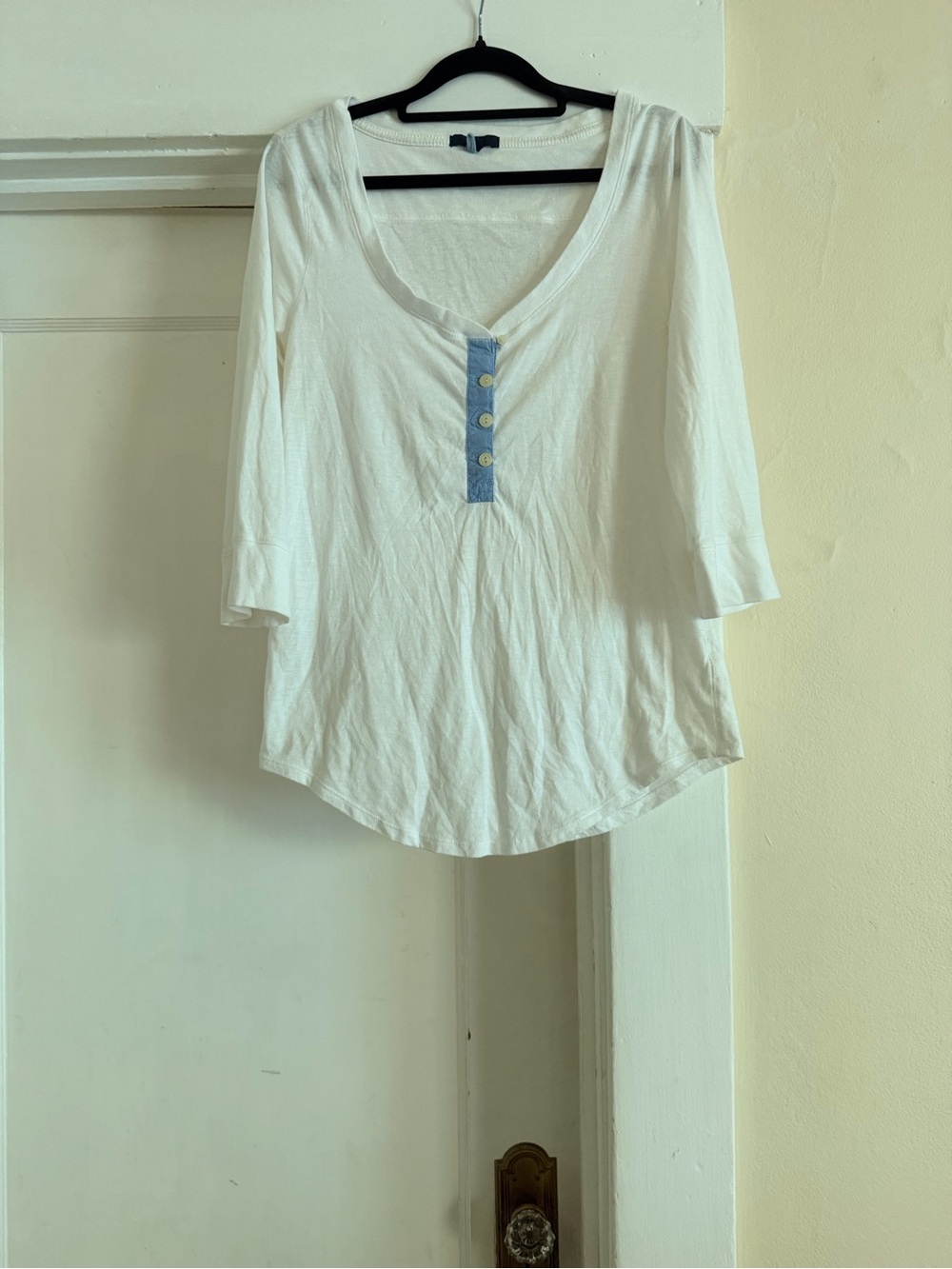 GAP White Scoop Neck Top with Blue Button Placket